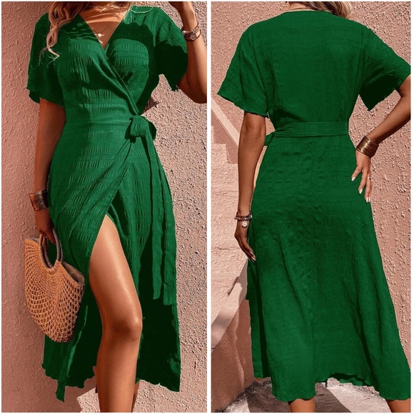 Classic Textured Batwing Sleeve Wrap Midi Dress - Picture 4 of 7